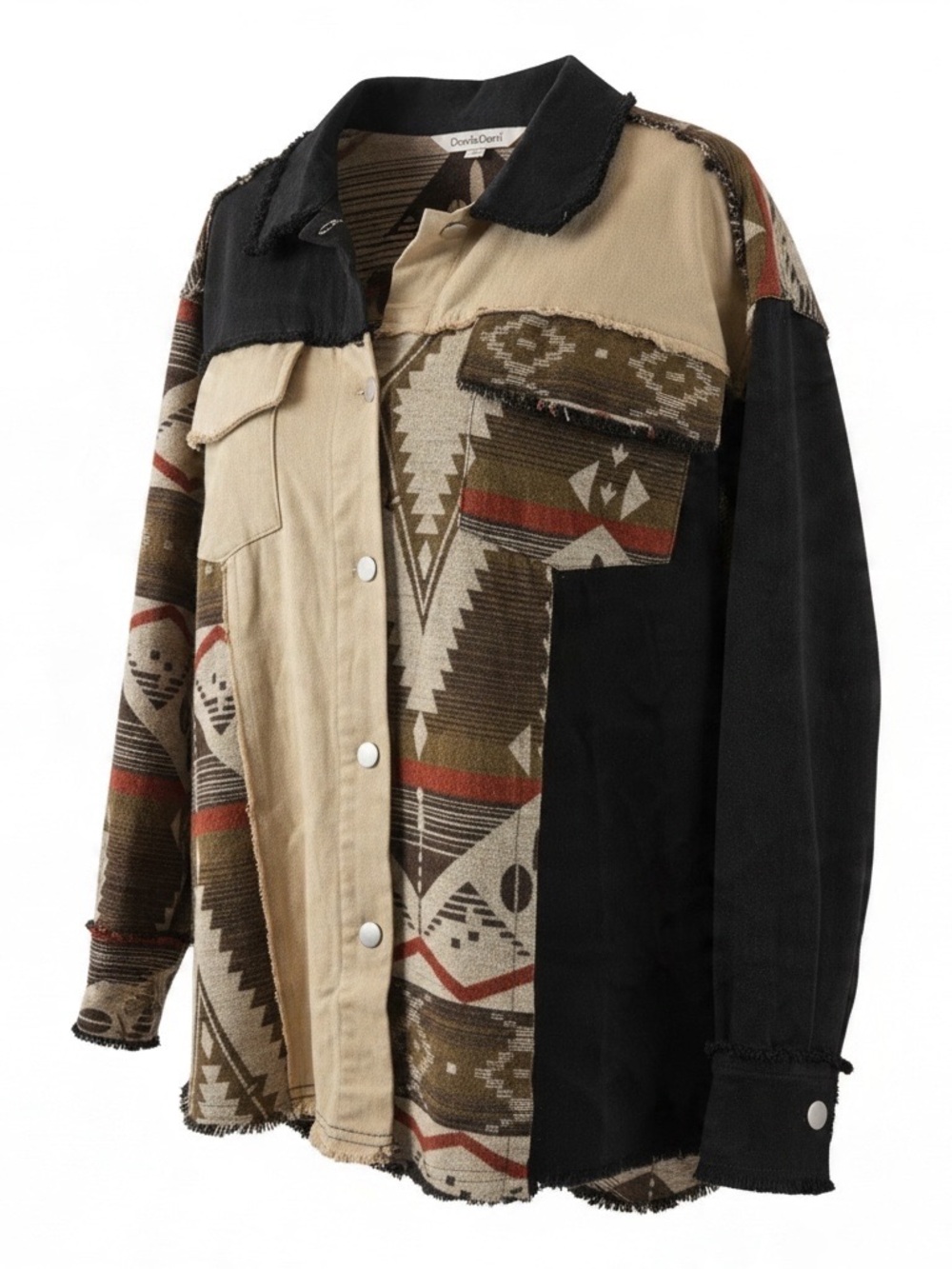 Western Aztec Patchwork Shacket Frayed Edge Snap Front Jacket - Picture 2 of 8